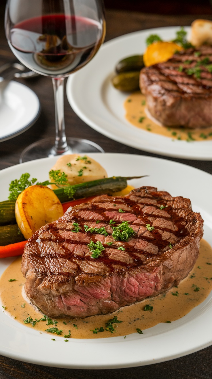 Elegant Steak au Poivre with cognac cream sauce on a plate, garnished with parsley and served with roasted vegetables.